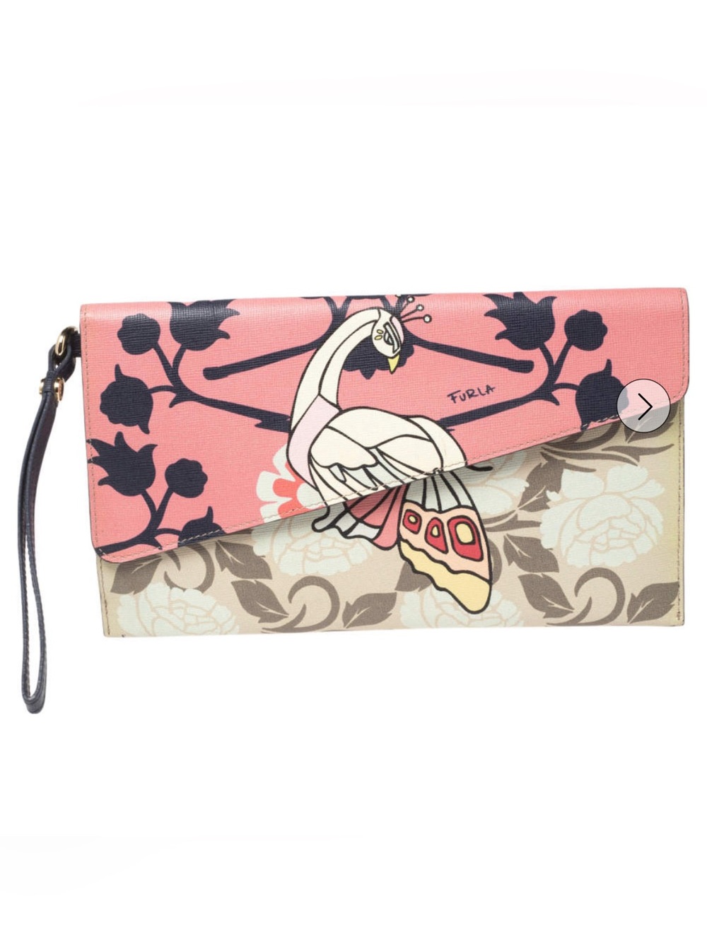 Furla Coral Pink Floral Peacock Envelope Clutch